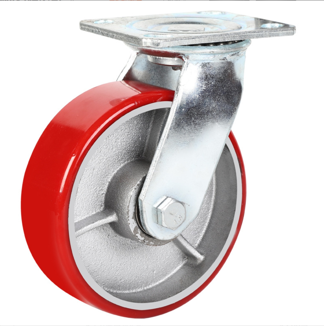 5 Inch Red PU Wheel Iron Core Caster with plate without brake