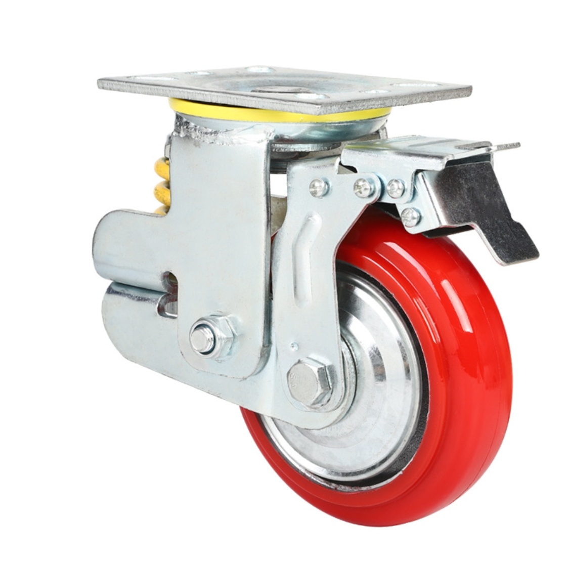 150 mm PU Wheel Spring Caster with plate with brake